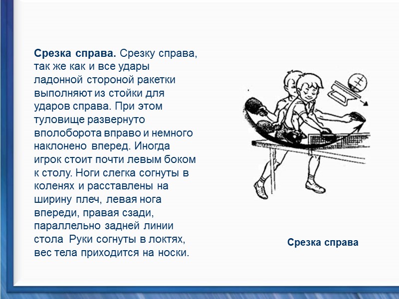 Срезка справа. Срезку справа, так же как и все удары ладонной стороной ракетки 